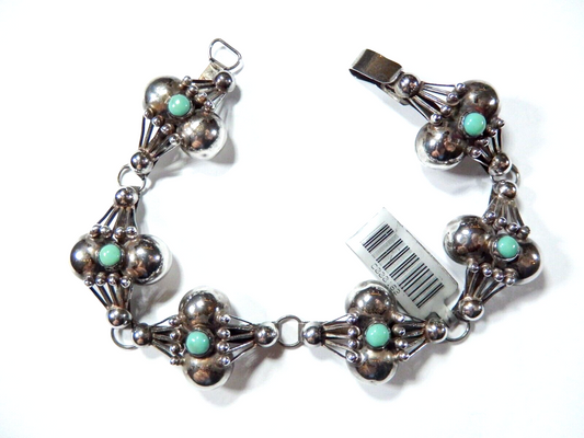 *VINTAGE Mexico FSS Sterling Silver Turquoise Ball Bead Design Link Bracelet 8”