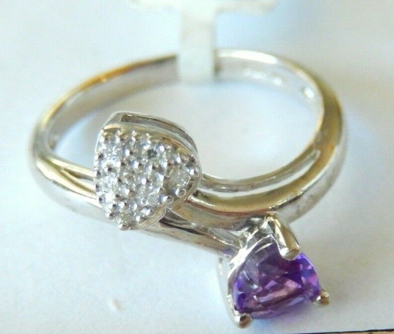 *NWT* 10k White Gold Ladies Heart Amethyst & Heart Diamond Bypass Ring Sz 7.25