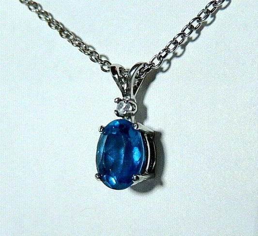 *NWT*  14k White Gold 2.00CT London Blue Topaz and Diamond Pendant w/18" Chain