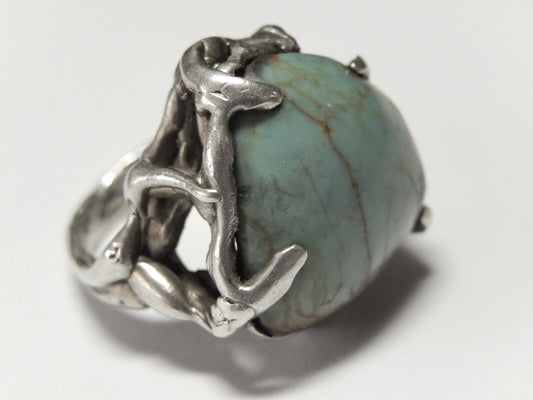Vintage Sterling Silver Southwestern Tribal  Handmade Turquoise Ring Size 8.25
