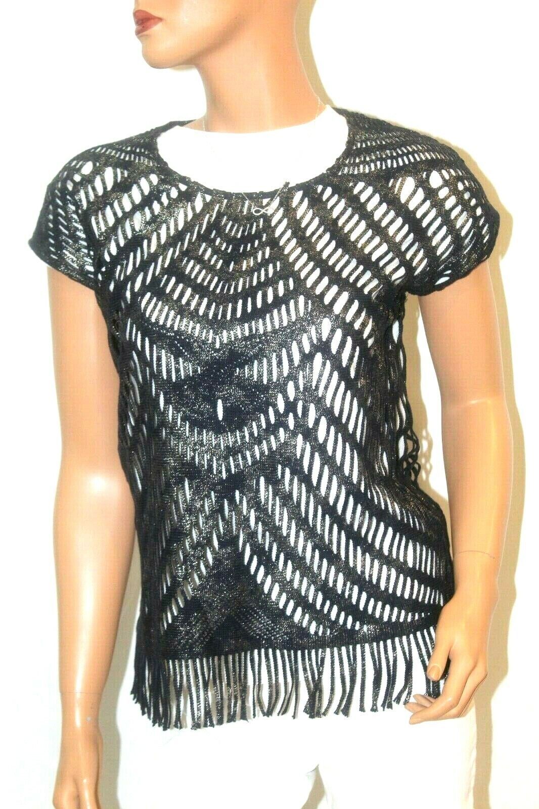 Chicos  "CUTE" Black with Gold Metalic Fringe Open Lace Sleeveless Vest Sz 0