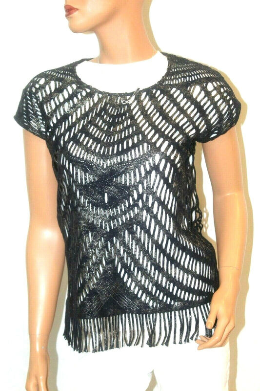 Chicos  "CUTE" Black with Gold Metalic Fringe Open Lace Sleeveless Vest Sz 0