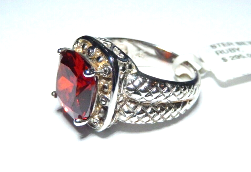 Sterling Silver 11 mm Cushion Cut  5.00 CT Ruby Gemstone Solitaire Ring 7.5