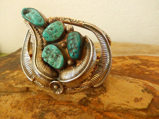 Vintage Signed "EM" Wide Southwest Heavy Turquoise Sterling Silver Cuff Bangle