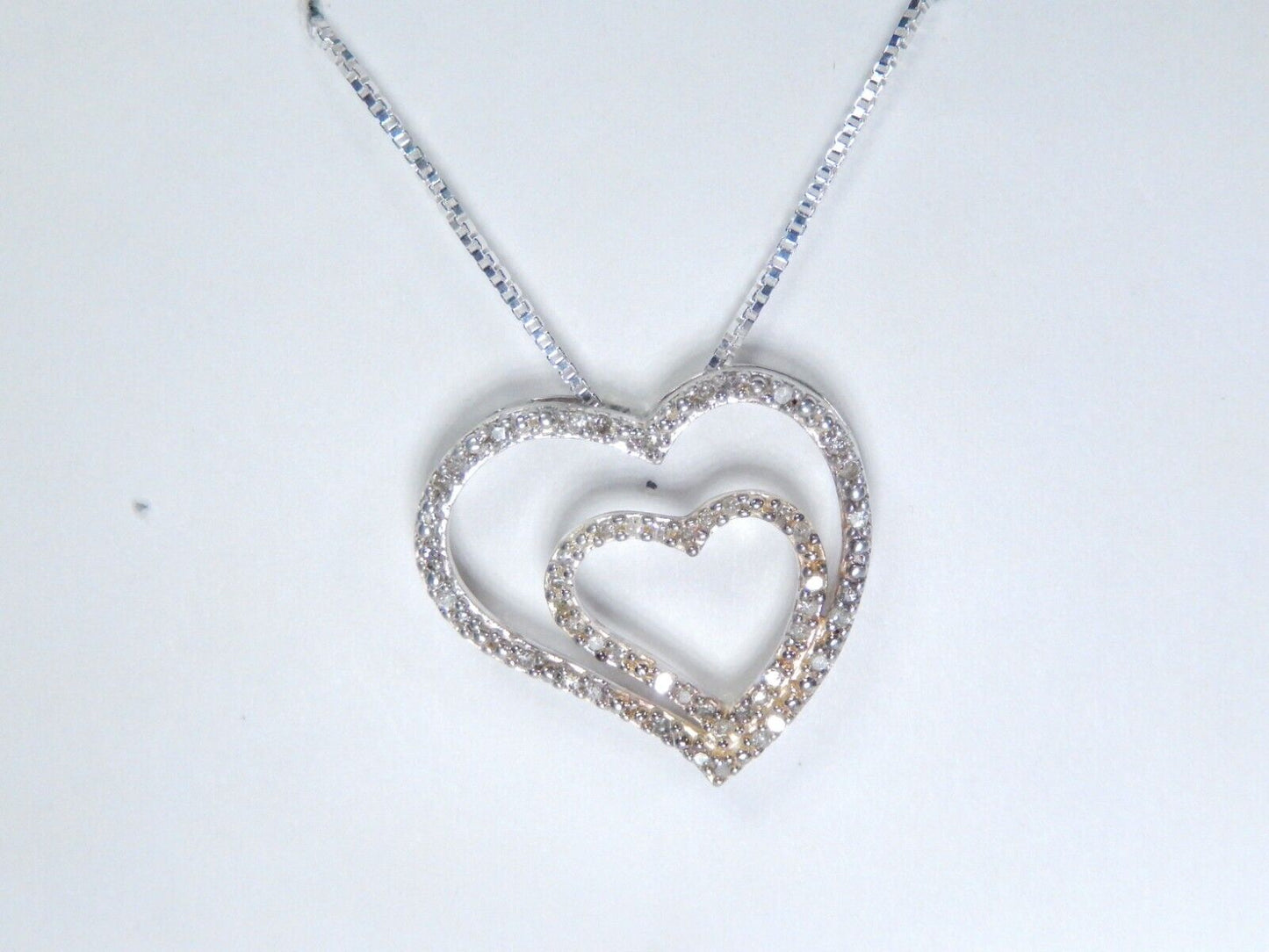 *VINTAGE*  Sterling Silver Double Heart Necklace CZ  Pendant w/18"chain