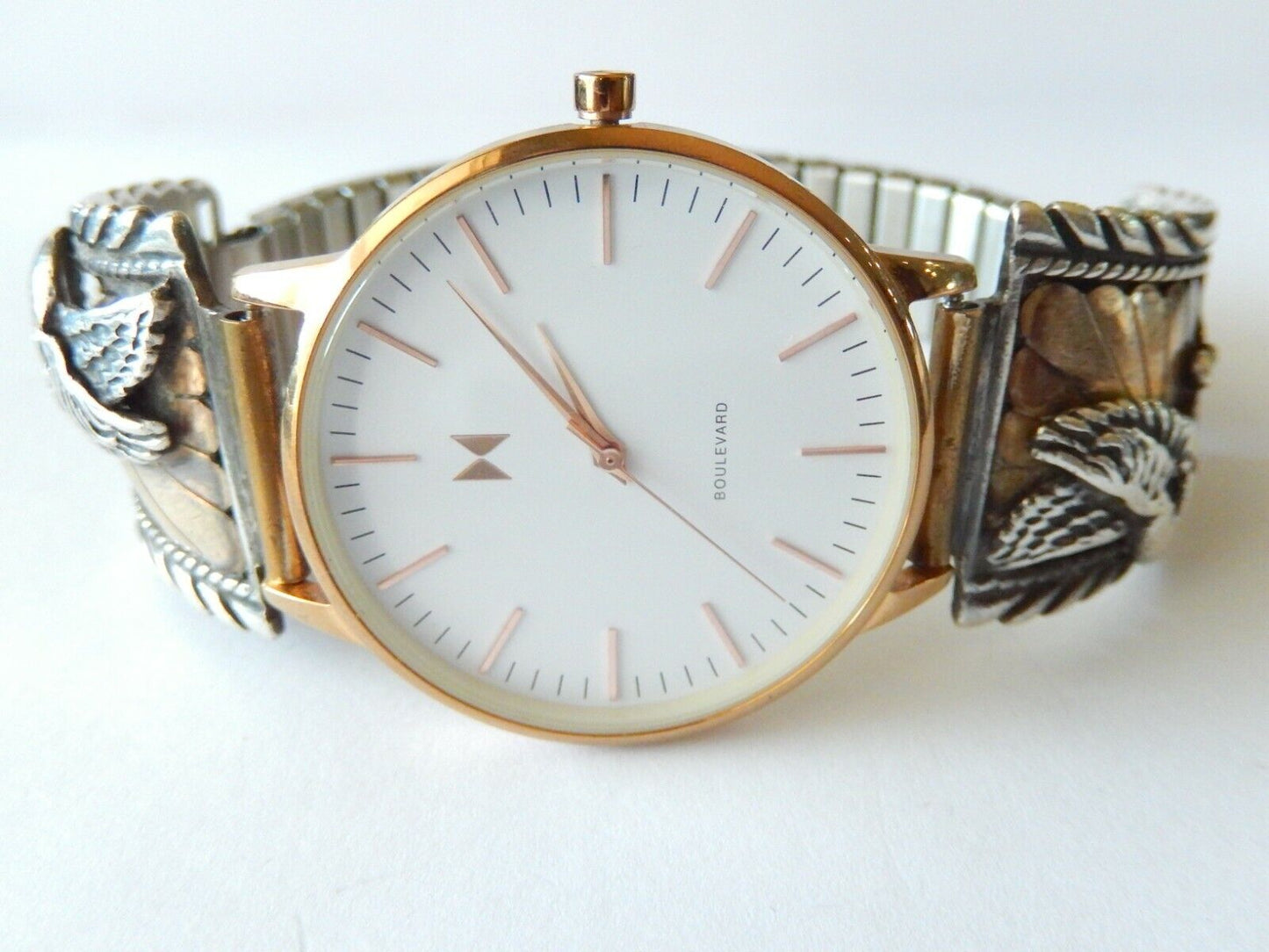Signed Navajo 14K Gold Sterling Silver Men's Watch Band  w/ MVMT Quartz Watch