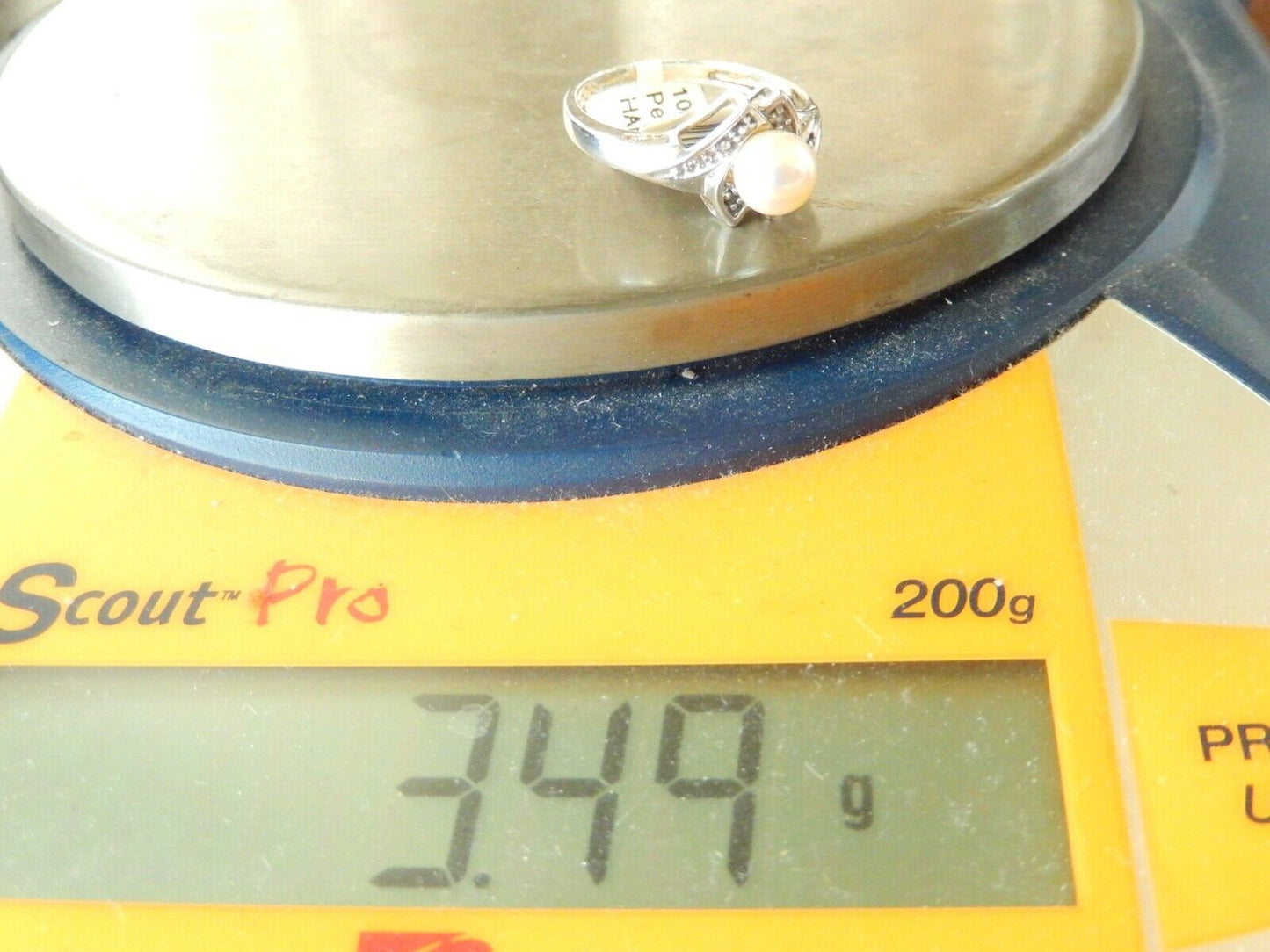 10K White Gold 7mm Round Pearl & Diamond Ladies Ring  Size 7.5