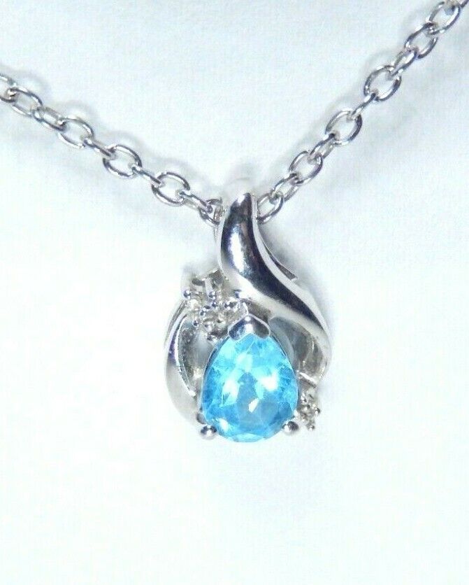 *NWT*  10K WHITE GOLD SKY BLUE TOPAZ PEAR & DIAMOND PENDANT With 18" Chain