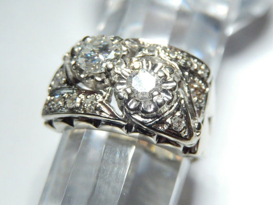 *VINTAGE*  14k White Gold Ladies .905 CT Diamond Cluster 12mm Wide Ring Sz 8.25