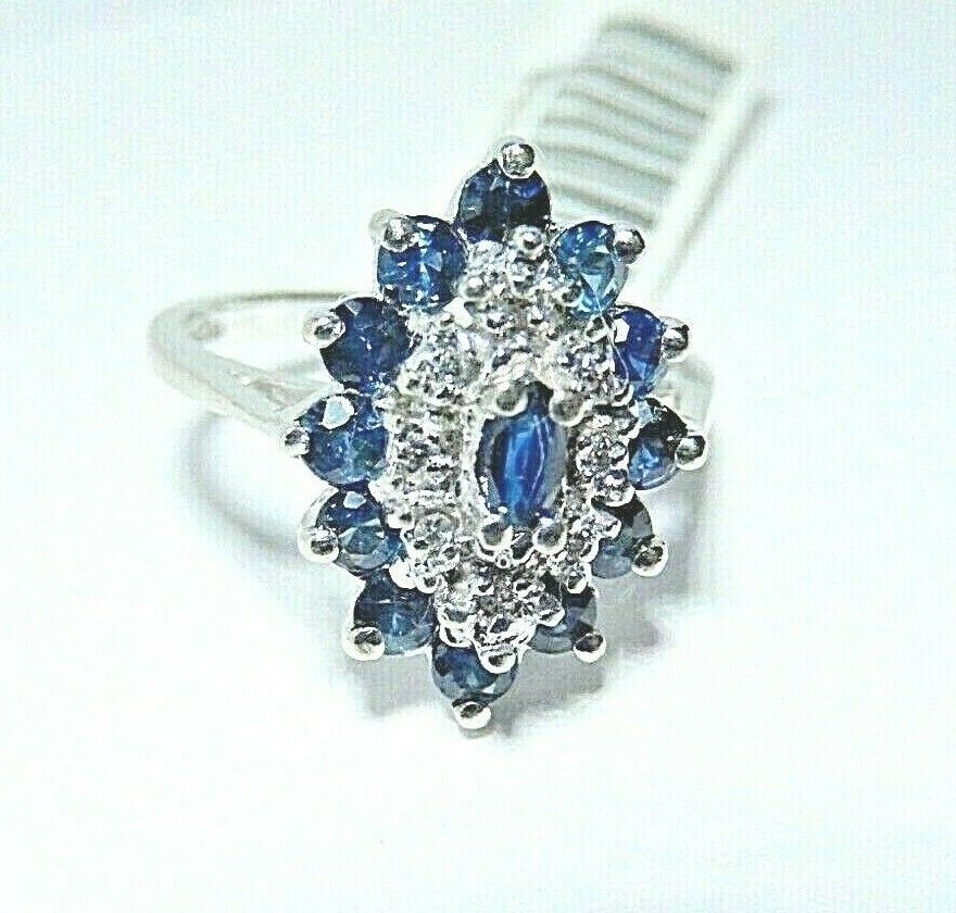 *NWT* 14k White Gold Marquise Shape Sapphire & Diamond Fancy Ring Sz 6.25