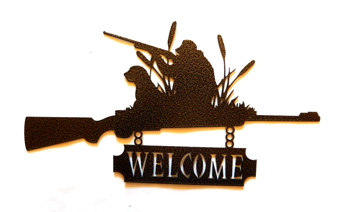 ~NEW~ 14ga. - "WELCOME  DUCK HUNTER & DOG" Gunmetal Gray Metal Wall Art 15"x7.5"