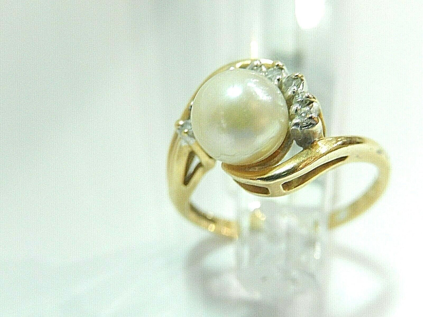 *VINTAGE* Gorgeous 14k Yellow Gold Natural 6.5mm White Pearl & Diamond Ring Sz 6