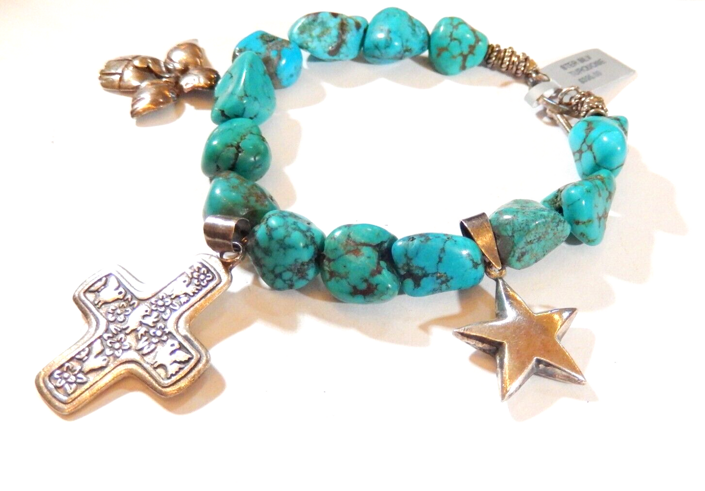 *VINTAGE* Sterling Silver Charms And Turquoise Chunky Beaded Bracelet 9"