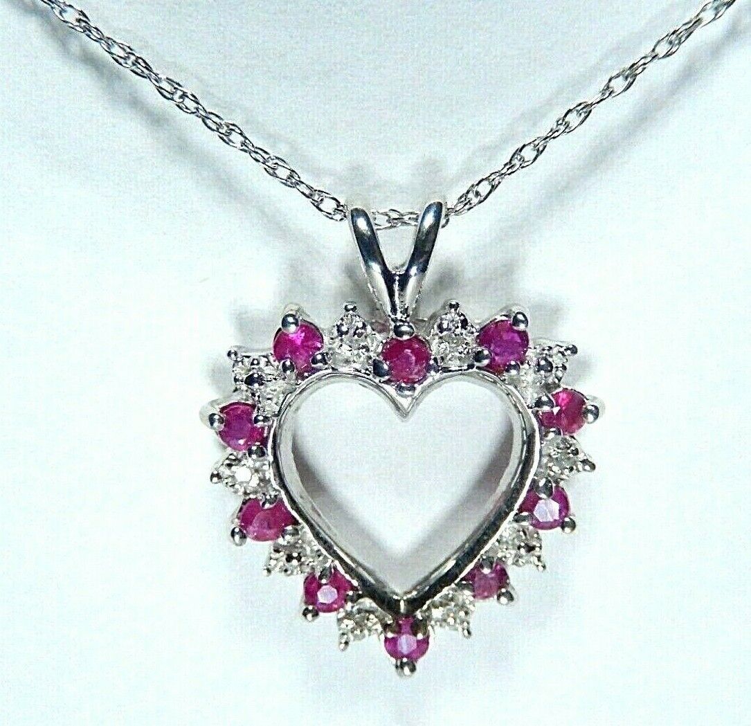 *NWT*  10K White Gold  Ruby & Diamond Open Heart Pendant w/14K WG 18" Chain