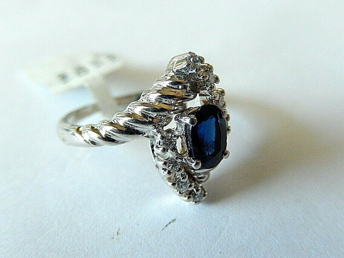 Ladies 14K White Gold Natural Blue Sapphire & Diamond Ring Size 6.75