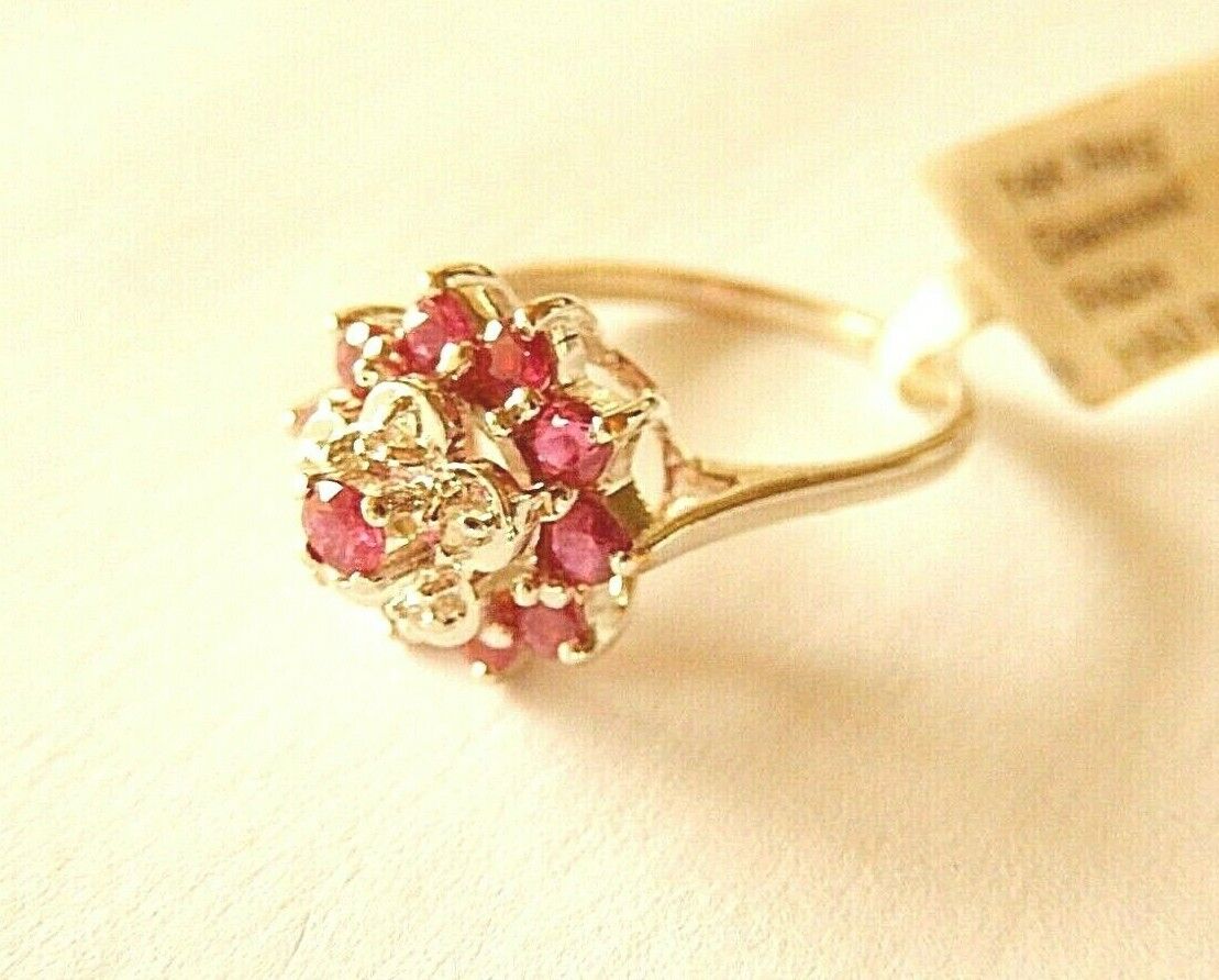 *NWT* 14k White Gold .66CT Diamond & Ruby Three Tier  Cluster Ring Size 6.5