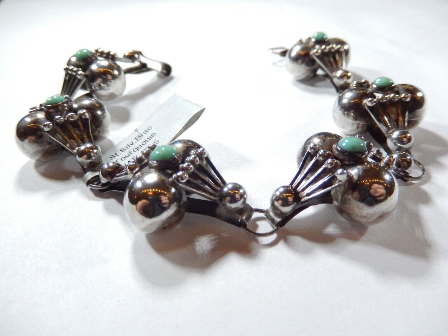 *VINTAGE Mexico FSS Sterling Silver Turquoise Ball Bead Design Link Bracelet 8”