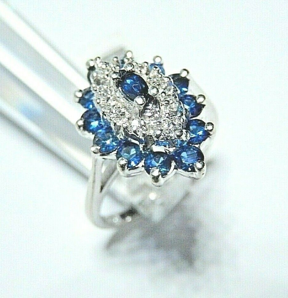 *NWT* 14k White Gold Marquise Shape Sapphire & Diamond Fancy Ring Sz 6.25