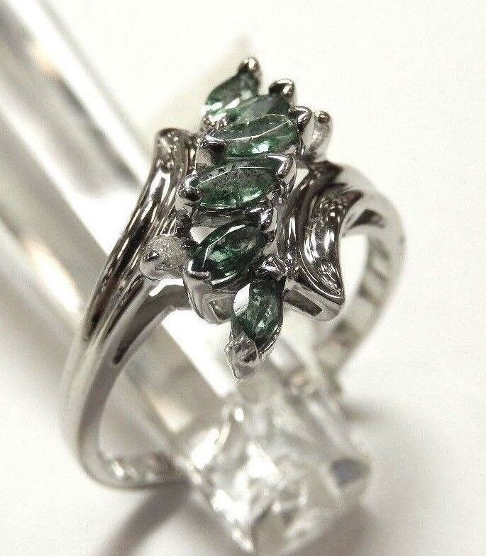 Natural Brilliant Green Emerald and Diamond Ring 14K White Gold Size 7