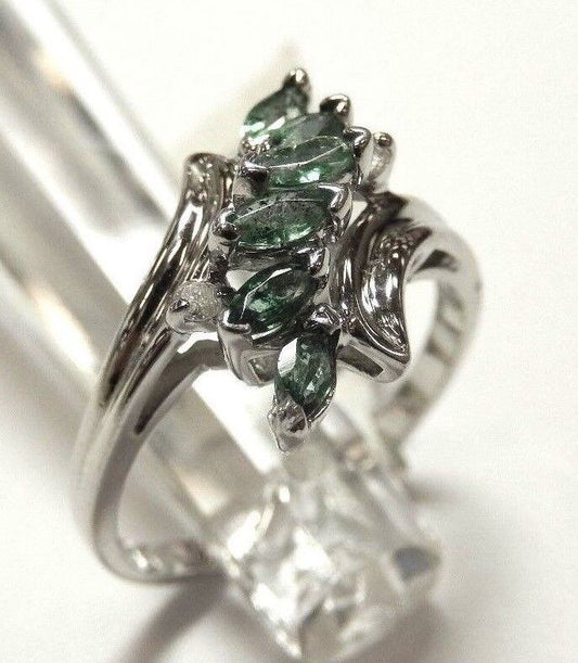 Natural Brilliant Green Emerald and Diamond Ring 14K White Gold Size 7