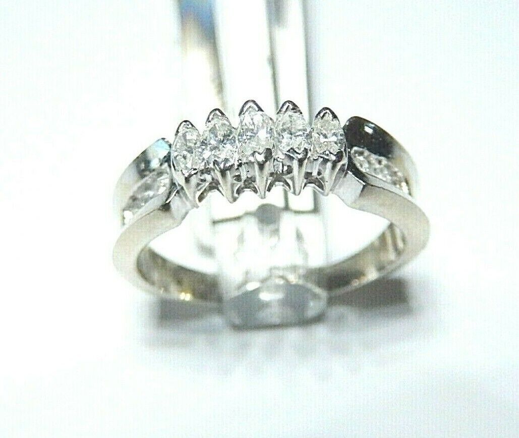 *VINTAGE* 14K White Gold .50 CT Marquise & Round Diamond Wedding Band Ring  7.25