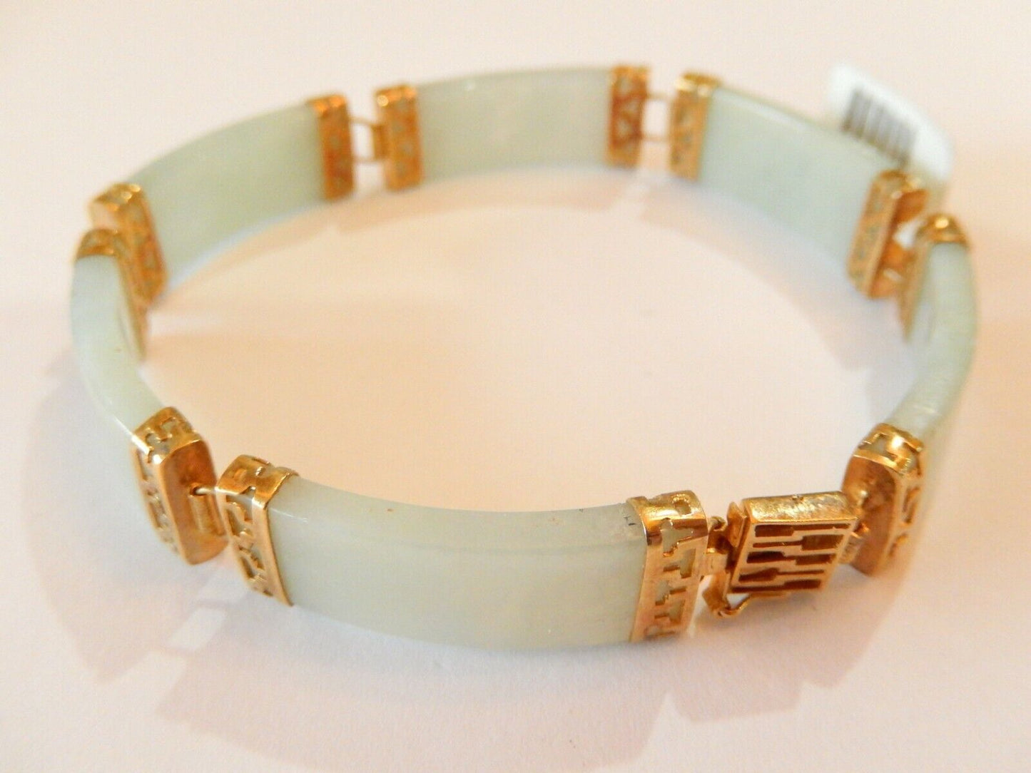 *VINTAGE* 14K Yellow Gold Green Jade Link Chinese Character Bracelet 7.5"