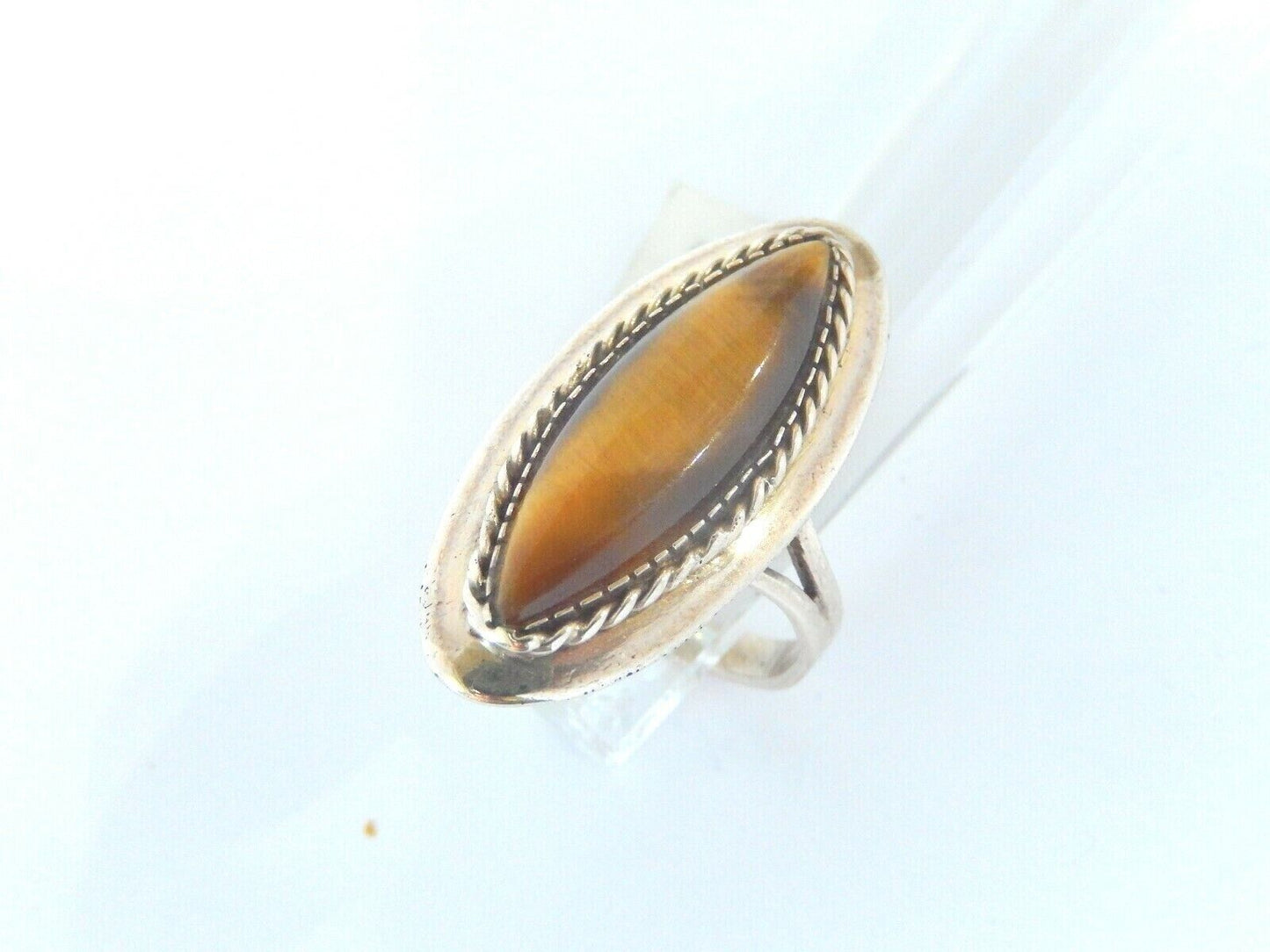 *VINTAGE* LADIES 14K YELLOW GOLD LONG  30mm TIGERS EYE RING SIZE 6