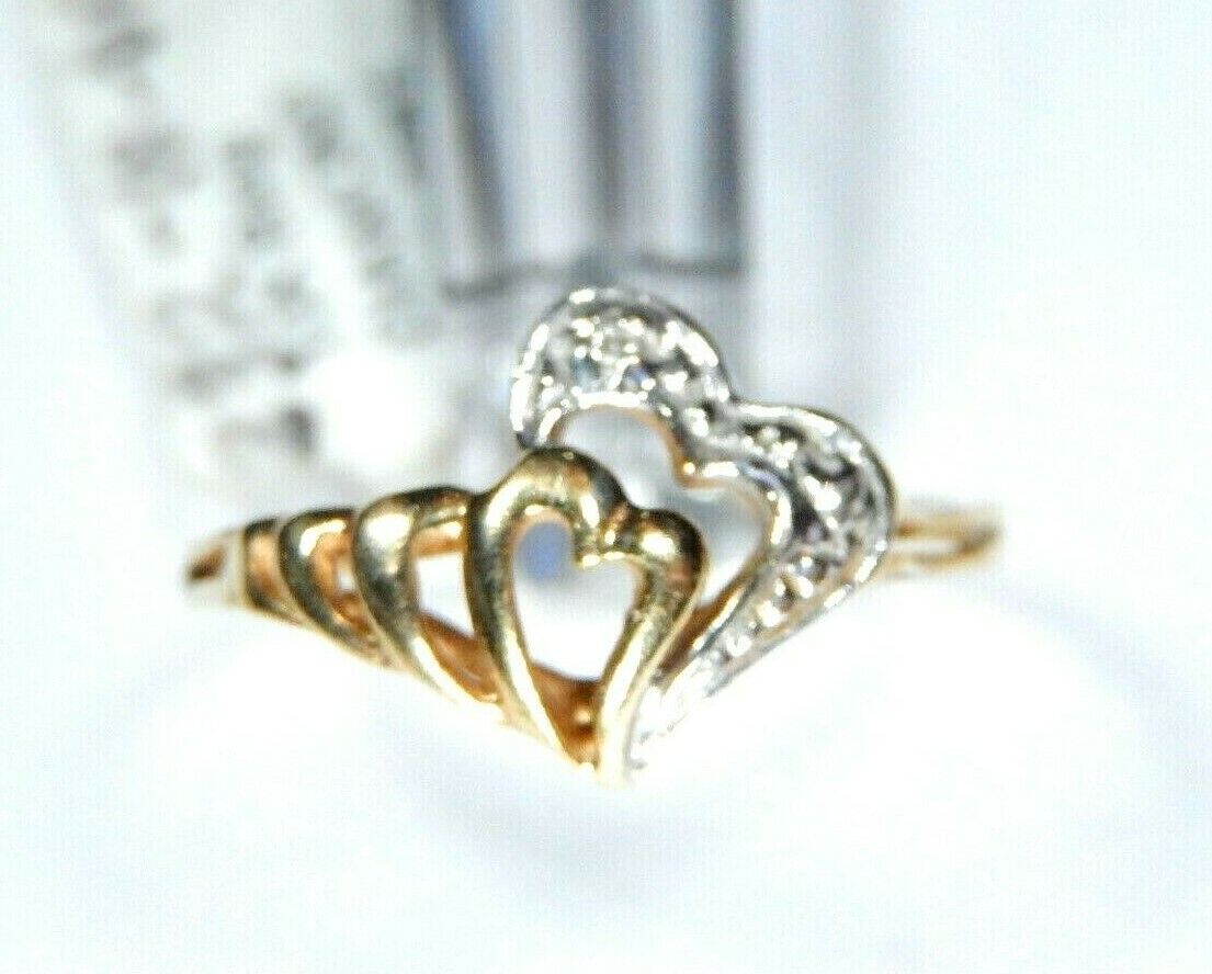 *VINTAGE* CUTE  10k Real Two Tone Gold Double Heart Diamond Ring Size 7.25