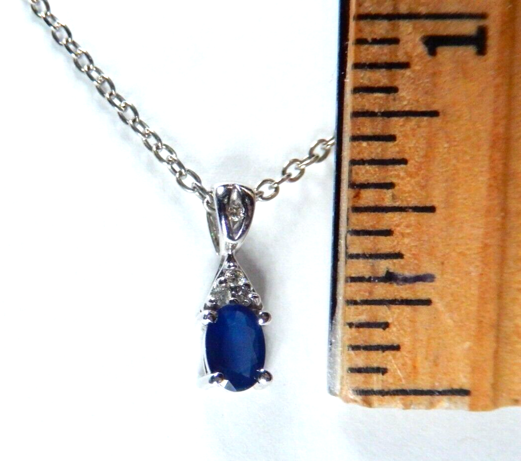 *NWT* 10k White Gold Natural Oval .60CT  Sapphire and Diamond Pendant w18" Chain