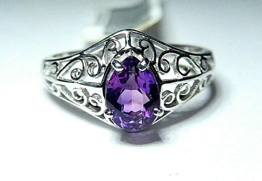 *NWT*  10K White Gold Pear Shape Deep Purple Brazilian Amethyst Solitaire Ring