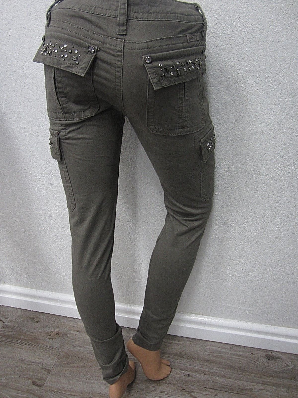 NWT MISS ME CP1246C Embellished Cargo Casual Ankle-Zip Pants Light Olive 27x31