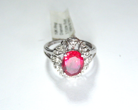 *NWT* 10k White Gold Lab Created 2.00 CT Oval Ruby and Diamond Halo Ring Sz 6.5