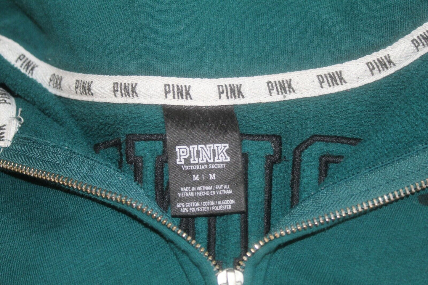Victorias Secret Embroidered Pink 1/4 Zip Pullover Fleece Green Jacket Sz Medium