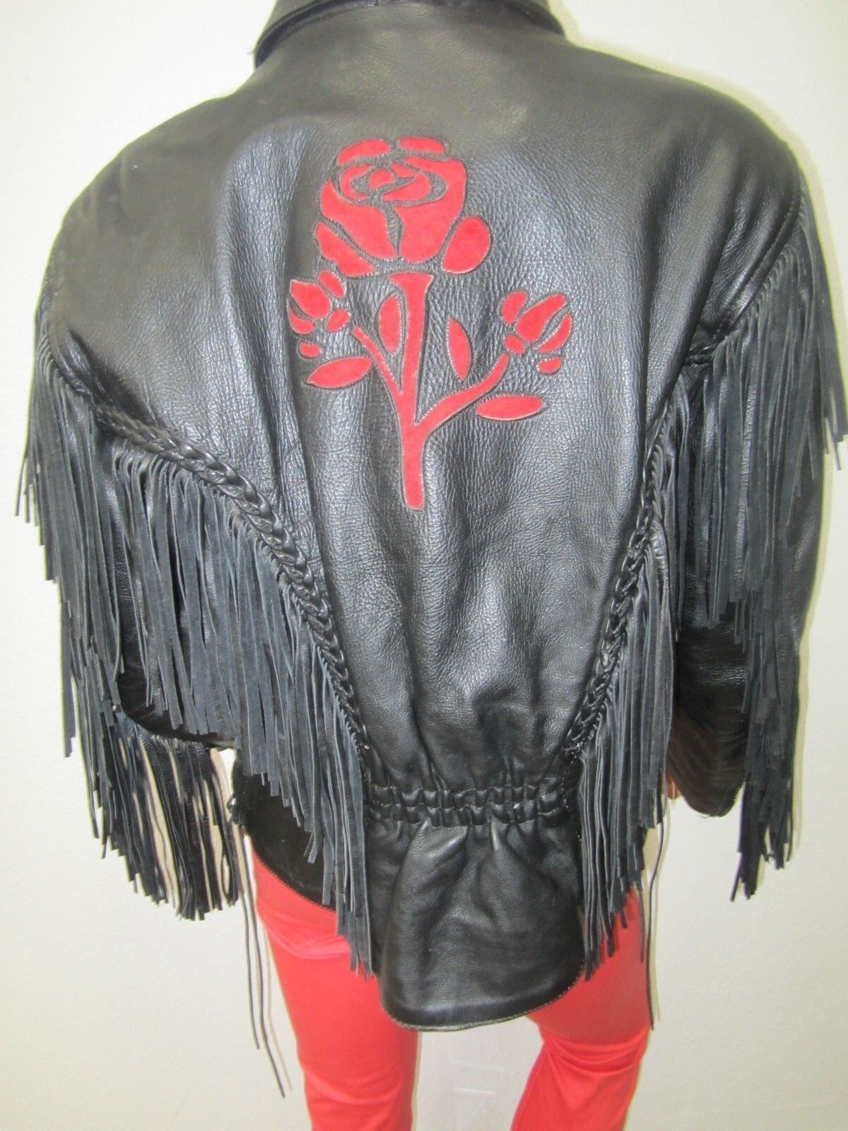 HUDSON LEATHER VINTAGE THICK HEAVY FRINGE RED FLOWER MOTORCYCLE JACKET LINED