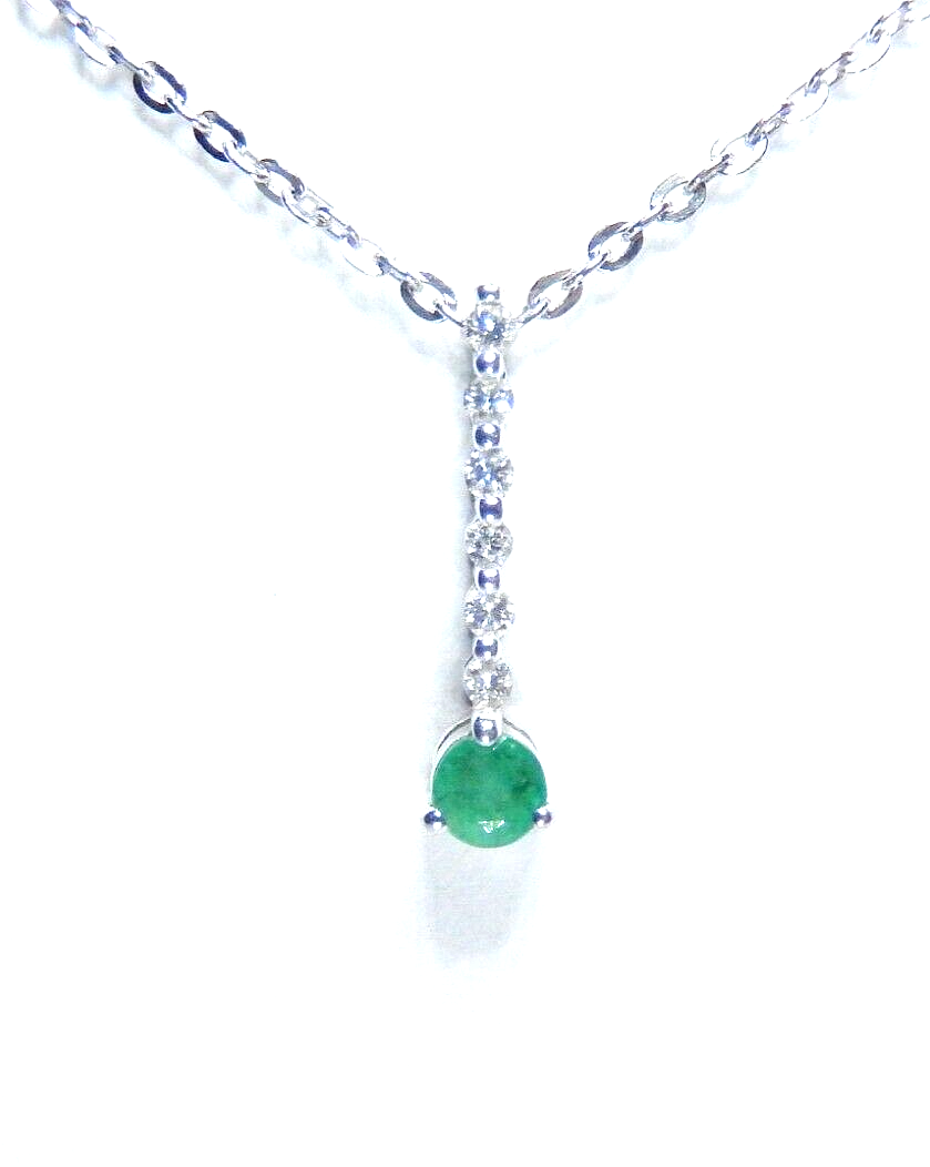 14K White Gold Natural Green Emerald & Diamond Pendant Necklace 18"