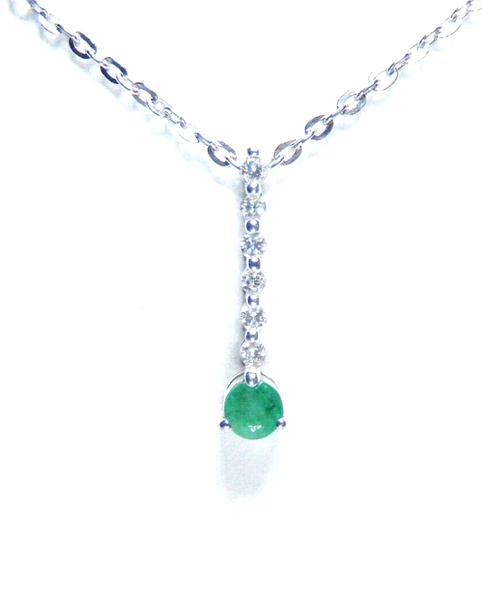 14K White Gold Natural Green Emerald & Diamond Pendant Necklace 18"