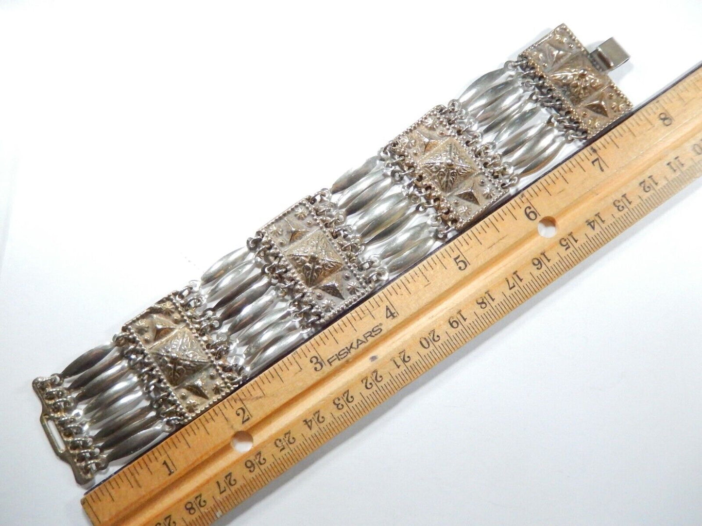 *VINTAGE*  BRASS & SILVER REPOUSSÉ PANEL LINK MEXICO BRACELET 1-3/8" x 7.5"