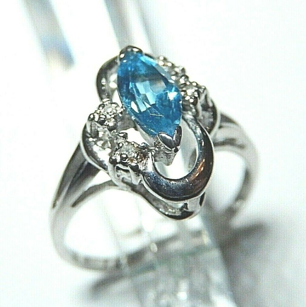 *NWT* 14K White Gold London Blue Topaz & Diamond Freeform Ring  Size 6.75