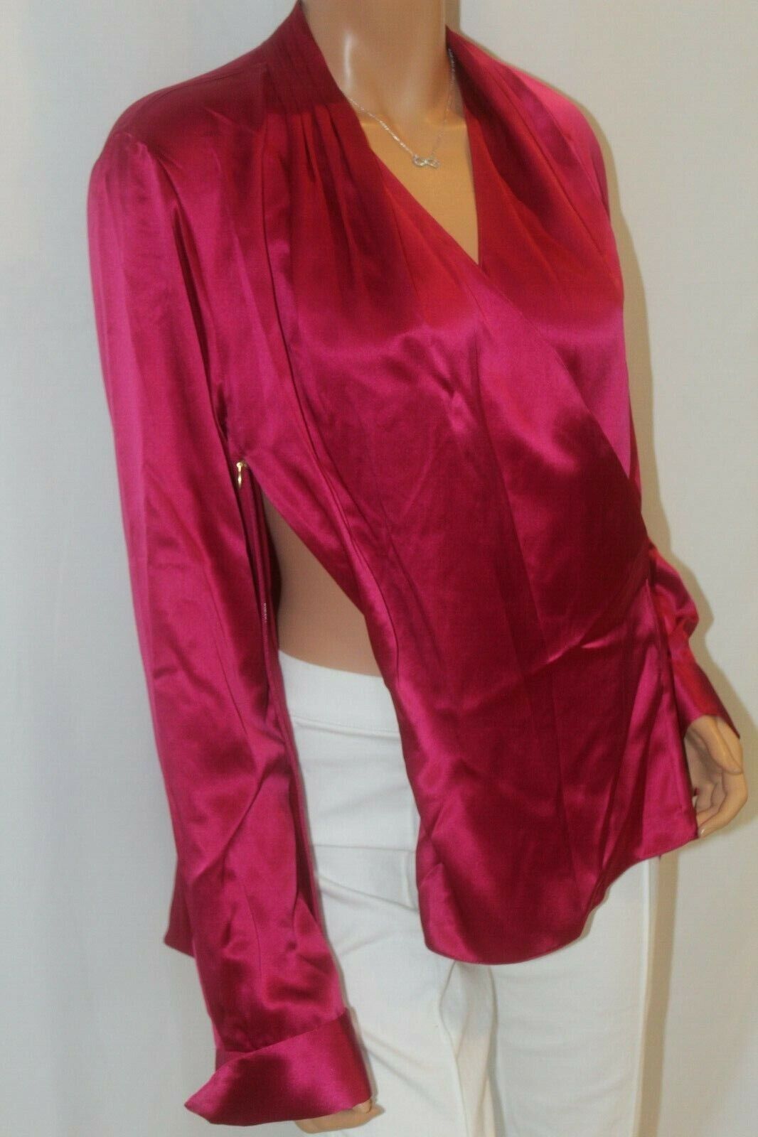 NWT $228. Elie Tahari  100% Silk Fuchsia Cross Front Side Zip Long Sleeve Blouse