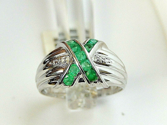 Ladies 10k Solid White Gold Natural Emerald & Natural Diamond Ring Sz 9.25