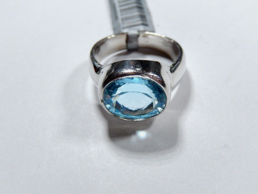 925 Sterling Silver 5.00 CT  Bezel Set Oval Blue Topaz Solitaire Ring Size 7.75