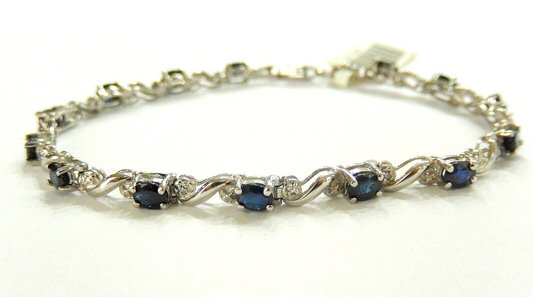 *NWT*  14K White Gold 2.75 CT Natural Blue Sapphire & Diamond Tennis 7” Bracelet