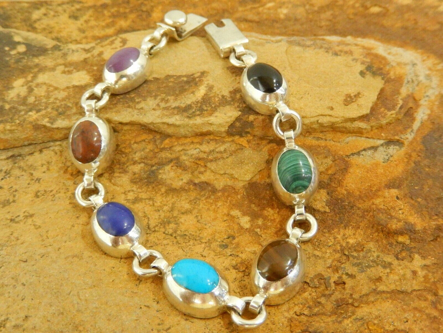 Vintage MEXICO TAXCO 925 Sterling Silver Bracelet Multi Gem Link Bracelet 7"
