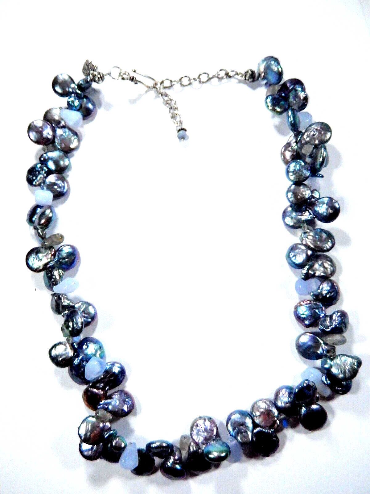 STERLING SILVER BLACK BAROQUE BUTTON PEARL & BLUE LACE GEMSTONE NECKLACE 19"