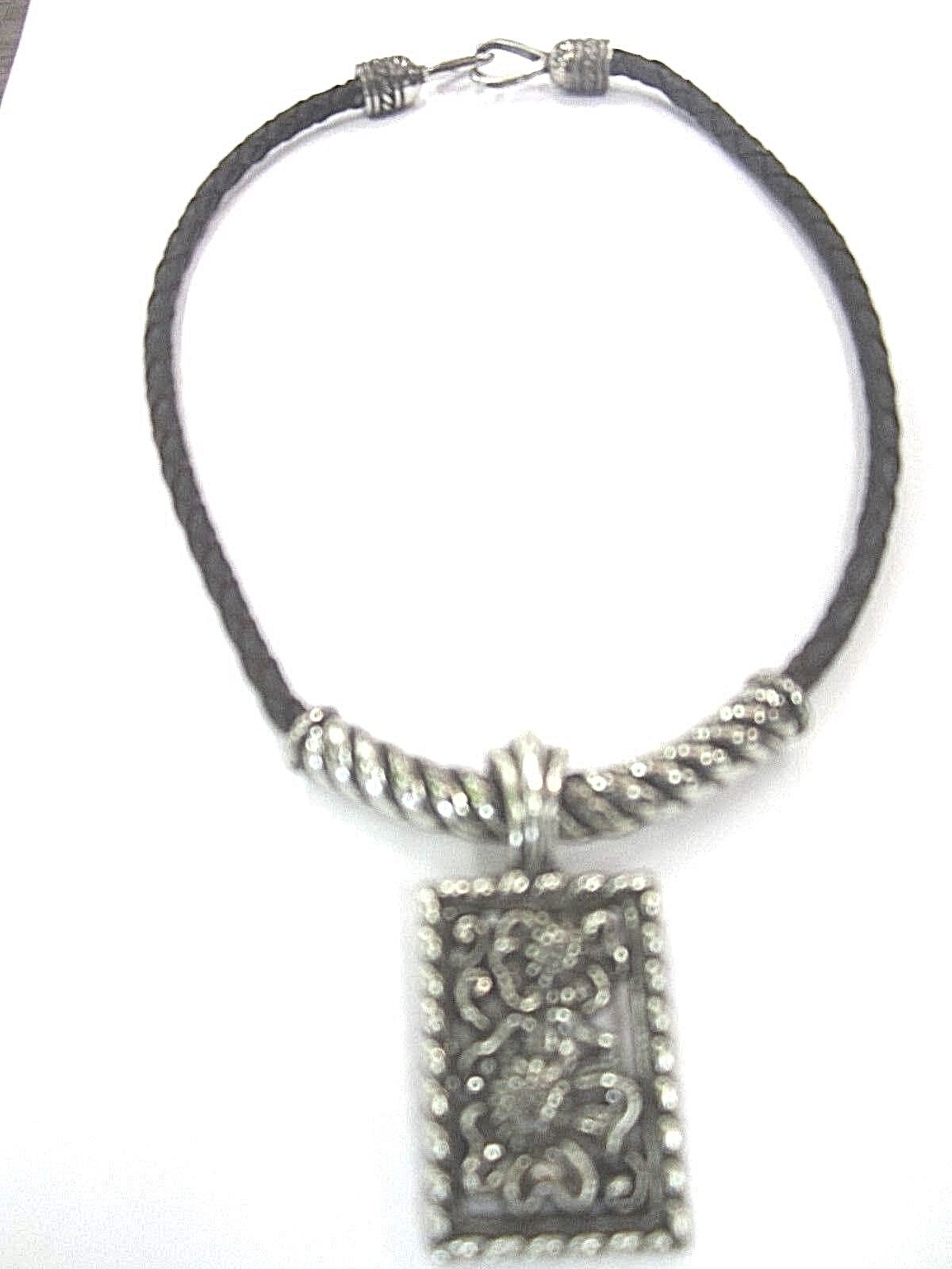 RETIRED Brighton Brown Braided Leather Cord Necklace with Large Silver Pendant