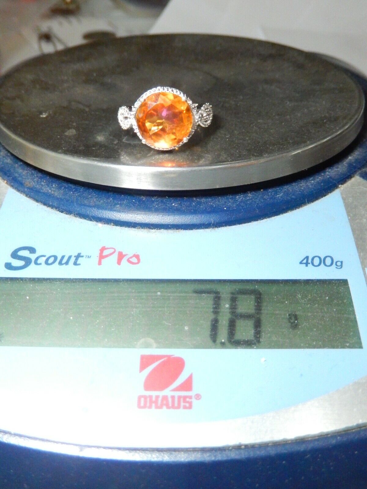 Sterling Silver 9.50 CT Round Citrine & Diamond  Ring Size 10.5