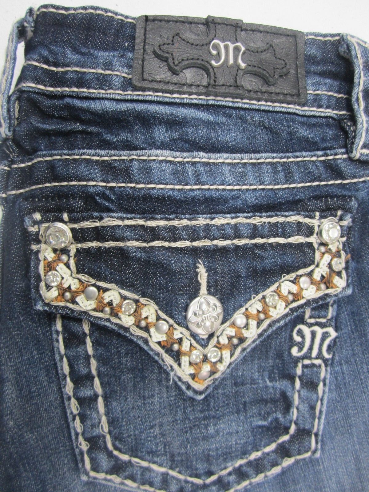 NWTMiss Me White & Tan Stitching Bling Medium Wash Bootcut Jeans JP7306B Sz29x34