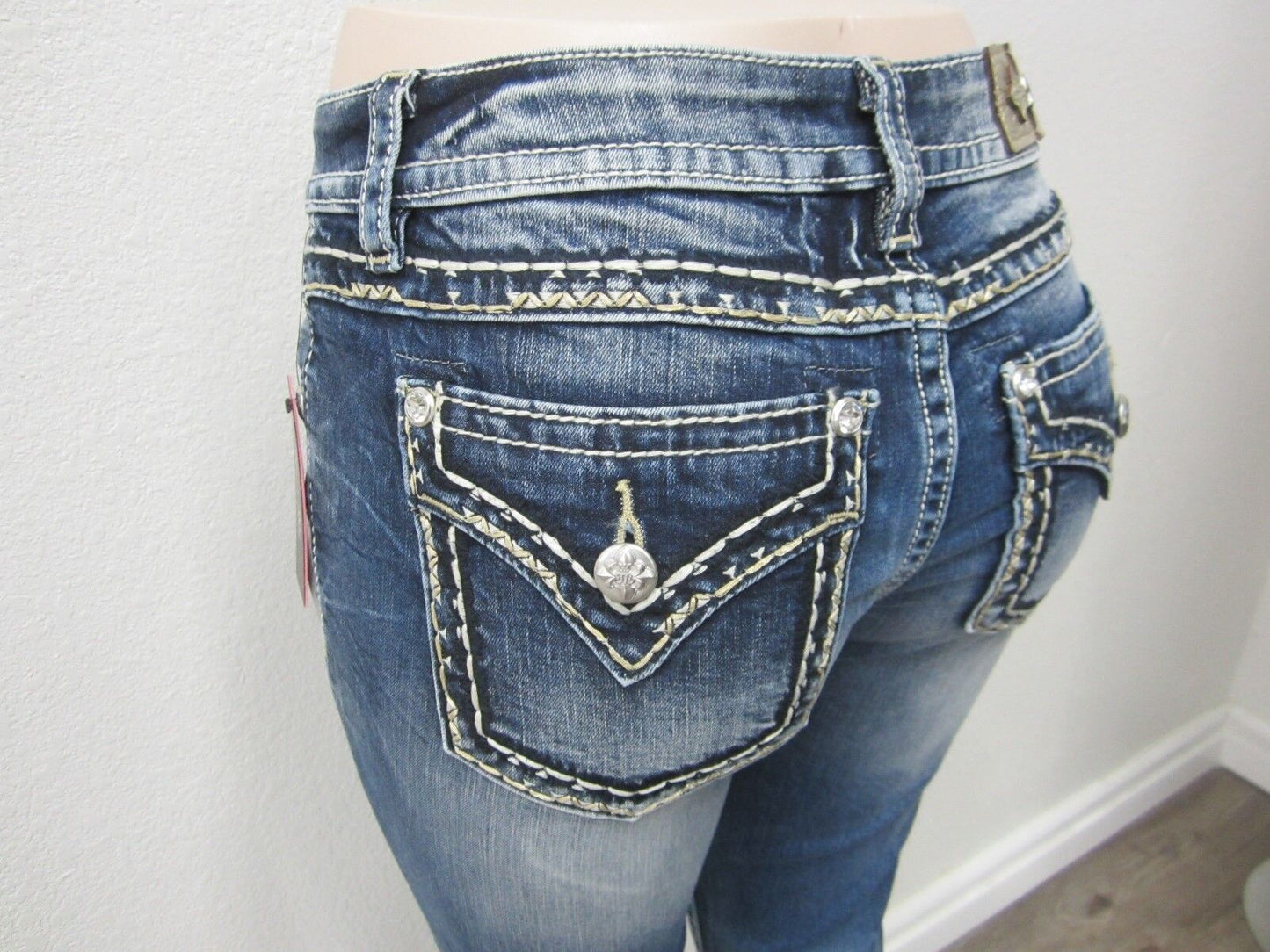 NWT MISS ME M5014S270 CuteSkinny Jeans Med Blue Gold Stitching CUTE Size 24 x 30