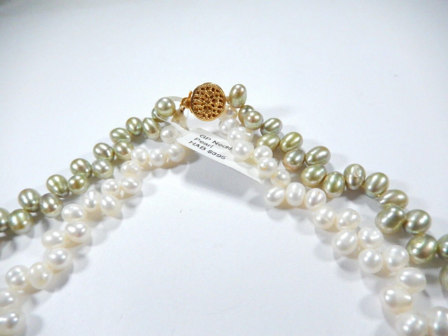 Double Strand Cultured Pearl Necklace  Beautiful White & Green Pearls ~ 16"