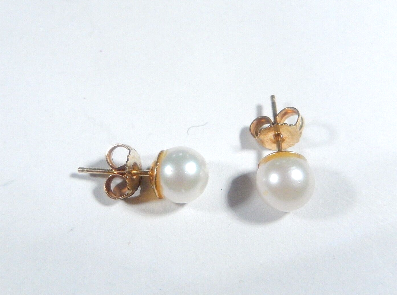 6mm White Round Cultured Pearl Push Back Stud Earrings 14K Yellow Gold